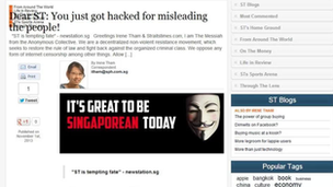 A screen shot showing the hacker's message on Straits Times website