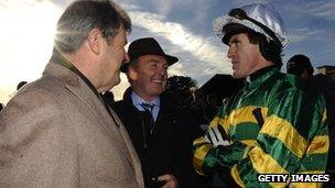 JP McManus (left), trainer Jonjo O"Neill and Tony McCoy at Towcester racecourse