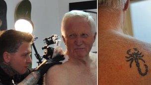 David Dimbleby at tattoo studio, and tattoo