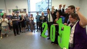 Supporters of Bristol's bid for European Green Capital for 2015 status celebrate after hearing the city has won