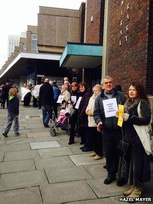 Protestors at the library in Barnsley