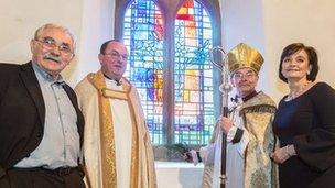 Left to right, John Burton, Revd Michael Gobbett, Bishop of Jarrow, Cherie Blair