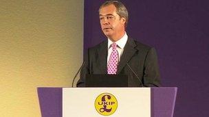 UKIP leader Nigel Farage addressing its party conference