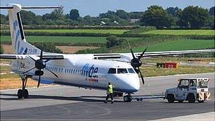 Flybe plane being pushed back at Guernsey Airport