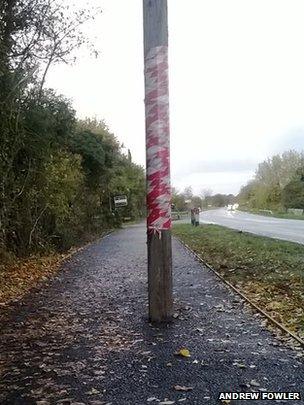 Telegraph pole on cycle path in Cambridgeshire