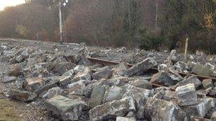 Part of the sea defences lie on rail line at Mostyn, Flintshire