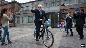 Mayor Boris Johnson on a Barclays Cycle Hire bike