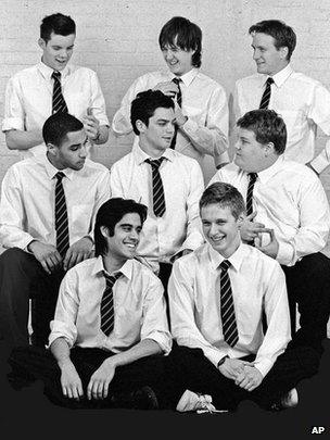 Back row: Russell Tovey, Andrew Knott, Jamie Parker Middle row: Samuel Anderson, Dominic Cooper, James Corden Front row: Sacha Dhawan, Samuel Barnett