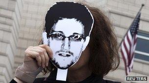 Woman with Edward Snowden mask in Berlin protest on 4 July 2013