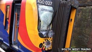 One of 23 trains in the South West Trains fleet damaged in recent storms.