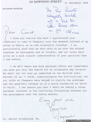 Letter written by Margaret Thatcher to Irish leader Garret Fitzgerald that was never sent