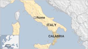 BBC map showing region of Calabria and Rome in Italy