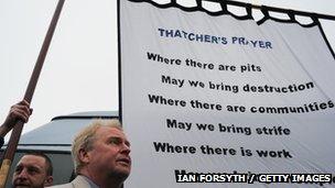 Rally outside Easington Colliery club with banner called Thatcher's Prayer