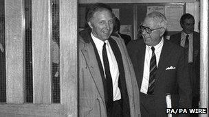 Miners' leader Arthur Scargill with the Coal board's newly appointed chairman Ian MacGregor in September 1983