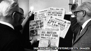 Newspaper headlines about the power cuts and disruption to industry caused by the 1970's miners' strike