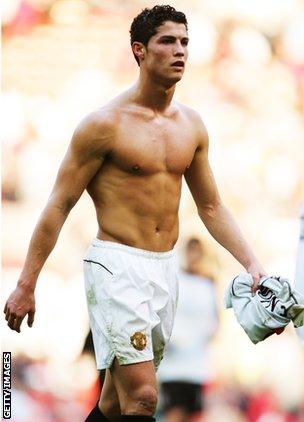 Cristiano Ronaldo walking off the pitch with his top off