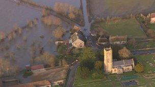 Flood-hit village of Muchelney from the air