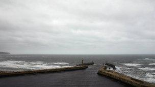 The entrance to Whitby harbour