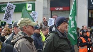 People attend at a rally in Portsmouth city centre supporting the 940 BAE workers who are to lose their job at the city"s shipyard.