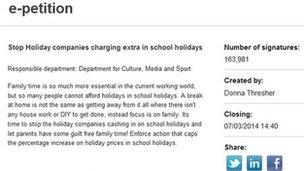 A screen-grab showing the e-petition on holiday prices