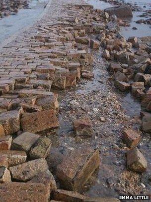 Damage to the causeway at St Michael's Mount, Cornwall, 15 Feb 2014