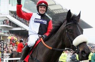 Ruby Walsh celebrates after winning the 2012 World Hurdle on Big Buck's