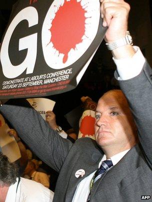 Bob Crow with a Stop the War banner in 2006