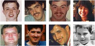 Eight of the Hillsborough victims, CW from top left: Paul Clark, Stephen Copoc, Tracey Cox, Jon-Paul Gilhooley, Steven Fox, Vincent Fitzsimmons, Christopher Edwards