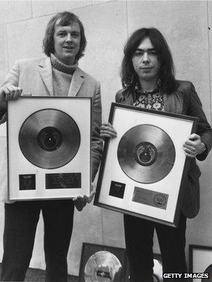 Sir Tim Rice and Lord Lloyd-Webber with their awards for sales of Jesus Christ Superstar