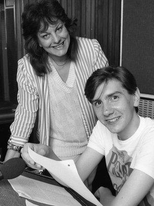 Sue Townsend with actor Nicholas Barnes in 1985, who played Adrian Mole in a radio version