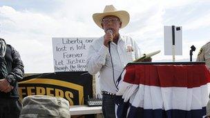 Cliven Bundy speaks at a rally in Nevada.