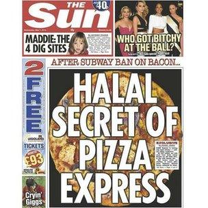 The front cover of The Sun newspaper on 7 May 2015 with the headline "Halal Secret of Pizza Express"