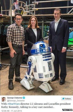 George Osborne with JJ Abrams, Kathleen Kennedy and R2-D2