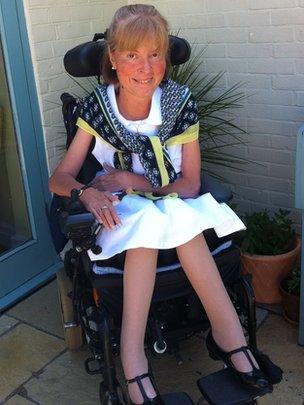 Baroness Campbell on a patio in her chair