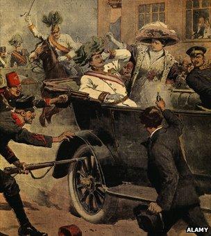 Assassination of Franz Ferdinand, 1863-1914 Archduke of Austria, and his wife Sophie, in Sarajevo, Bosnia, 28 June 1914