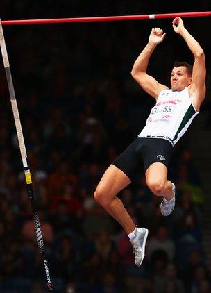 Decathlete Peter Glass on his way down in the pole vault on Tuesday