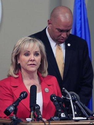 Oklahoma Governor Mary Fallin (left) appeared in Oklahoma City, Oklahoma, on 30 April 2014