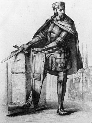 Circa 1250, Simon de Montfort, Earl of Leicester, wearing a suit of armour and equipped with sword and shield