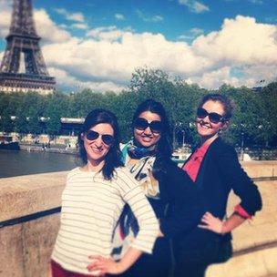 Pooja Dhingra and college friends from Le Condon Bleu in front of the Eiffel Tower