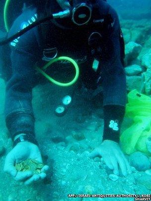 A scuba diver holding in his hand some of the gold coins recently found on the seabed at the Israeli town of Caesarea