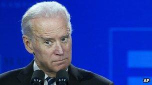 Vice President Joe Biden pauses while addressing the Human Rights Campaign Spring Equity Convention in Washington, 6 March 2015