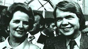 image shows head and shoulders black and white image of Margaret Thatcher and William Hague