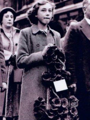 Jacqueline Tanner in 1949. laying a wreath at the cenotaph in Whitehall on behalf of the Lancastria Survivors Association.