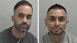 A mug shot of two men. They both have dark hair and dark facial hair