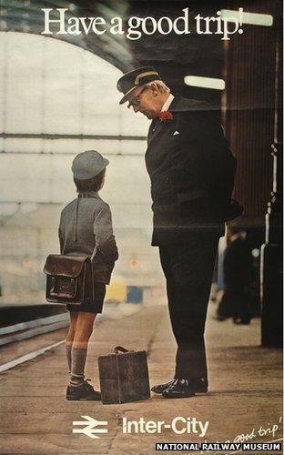 A British Rail poster featuring a guard helping a child from 1978