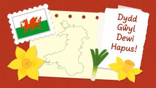 Illustration of the Welsh flag, daffodils and a leek, an outline of the map of Wales with the words 'Happy St. David's Day' in Welsh.