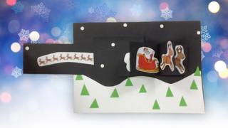 Blue Peter's Christmas card for 2019. Pull the tab and 6 flaps quickly spin, revealing Santa and eight reindeer.