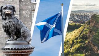 Image of a statue of a dog, Scottish flag and Edinburgh hills