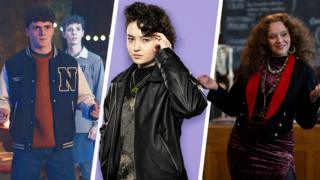 Three images of Gifted cast members side-by-side with a purple background behind the middle one.