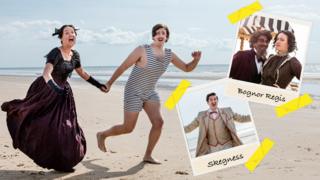Two people dressed as Queen Victoria and a man in a Victorian bathing suit running along a beach with polaroids of holidays pictures to the right